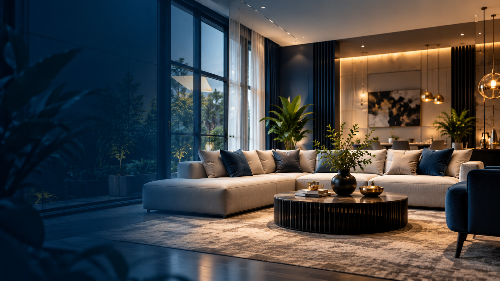 moody navy modern living room